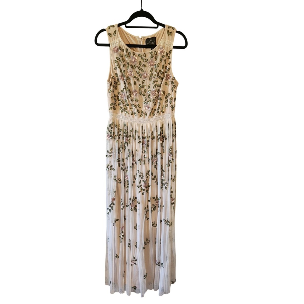 Adrianna Papell Floral Sequin Tulle Maxi Dress Champagne Pink Green Size 10